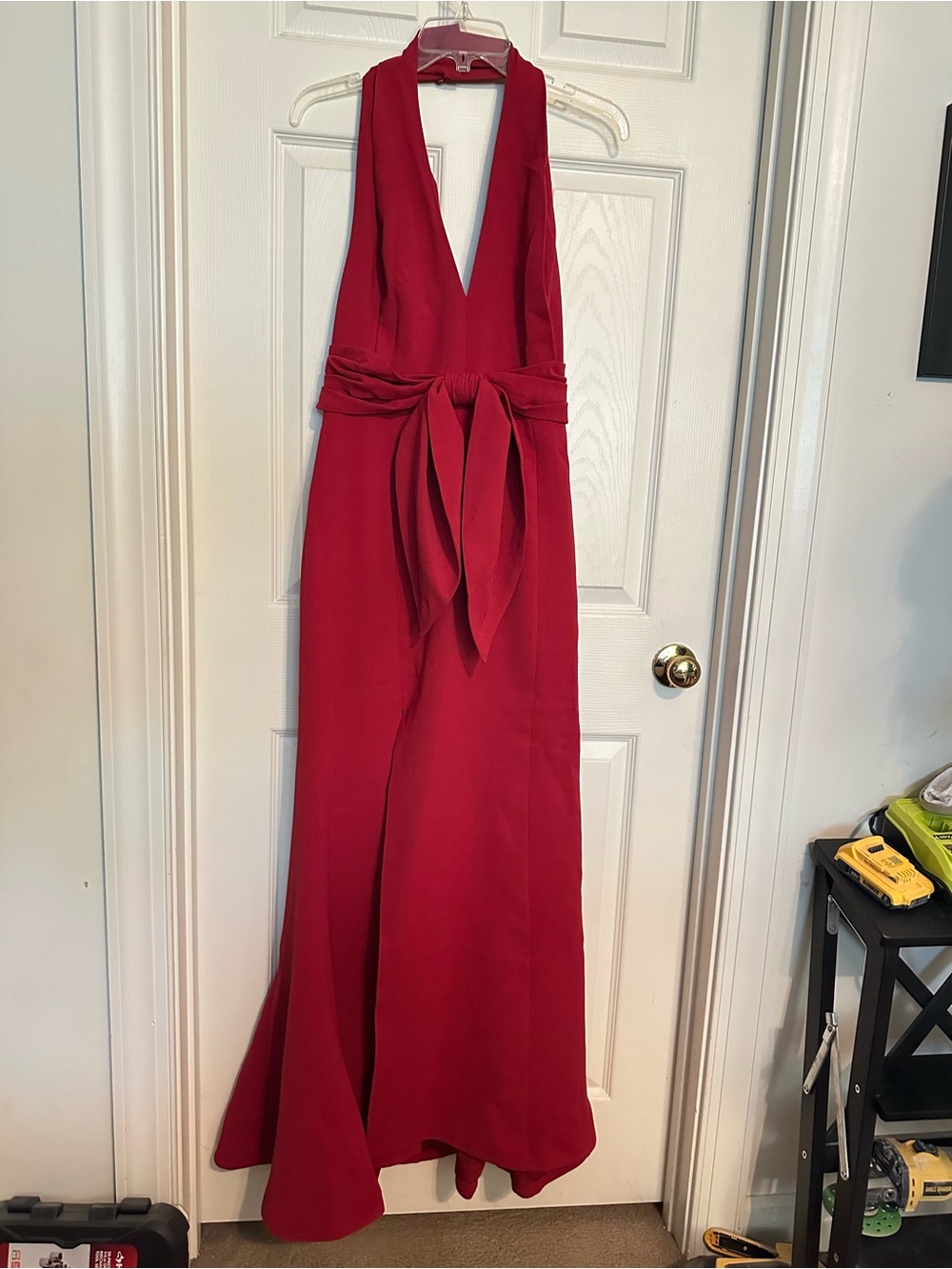 C/MEO Collective Red One-Shoulder Halter Gown with Waist Tie